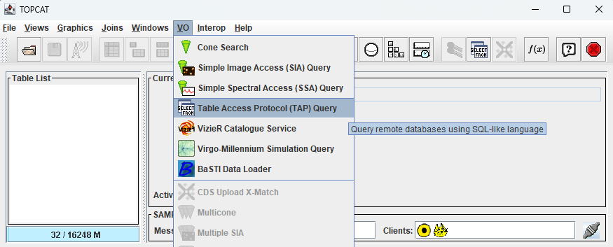 A screenshot of the main TOPCAT window with the Table Access Protocol item highlighted by the cursor under the VO drop-down menu.