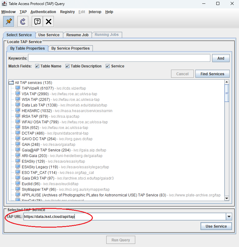 A screenshot of the the Table Access Protocol (TAP) Query window in which the value for the TAP URL has been filled in with the URL https://data.lsst.cloud/api/tap.