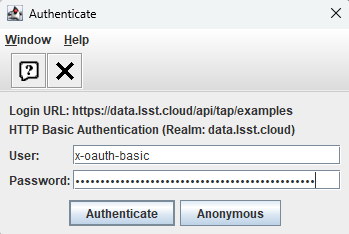A screenshot of the Authentication window. The user has been filled in with a value of x-oauth-basic, and the password is shown (for security purposes) as a series of filled black circles.