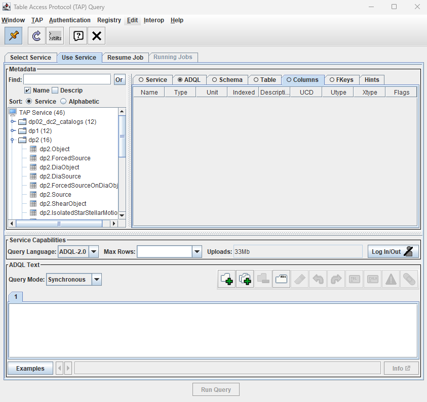 A screenshot of the Table Access Protocol (TAP) Query window showing DP2 tables.