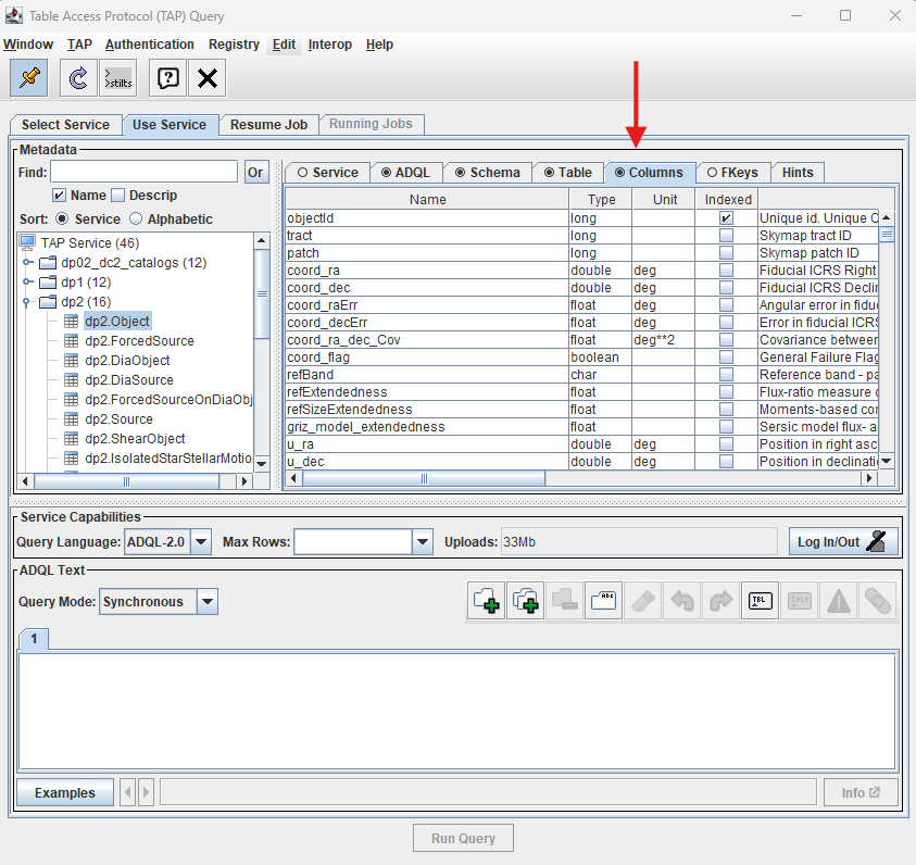 A screenshot of Table Access Protocol (TAP) Query window showing dp2.Object table and columns.
