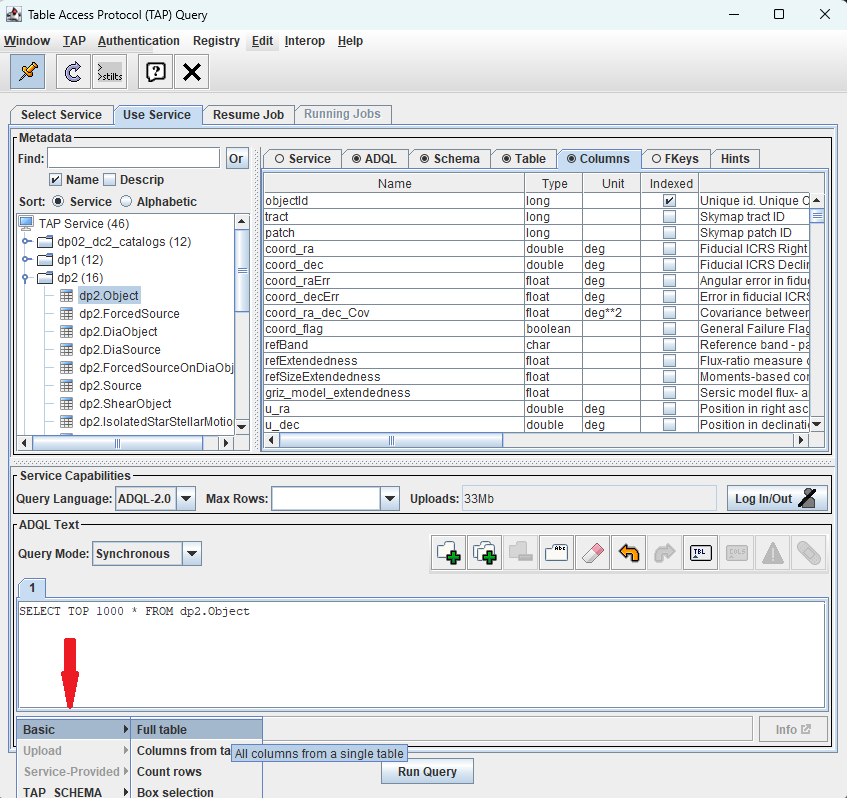 A screenshot of Table Access Protocol (TAP) Query window with a basic full table query shown in the ADQL text box.