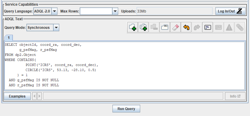 A screenshot of of Table Access Protocol (TAP) Query window.