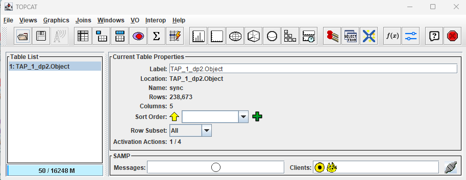 A screenshot of the main TOPCAT window showing a new table obtained from the ADQL search.