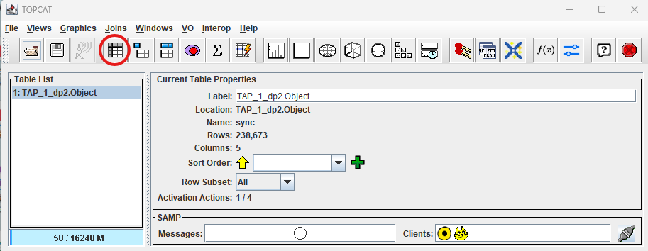 A screenshot of the main TOPCAT window showing table returned from the executed query.