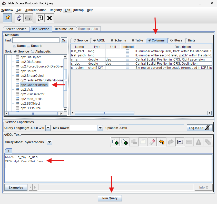 A screenshot of Table Access Protocol (TAP) Query window. TOPCAT window to add ADQL query.