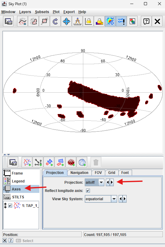 A screenshot of the skymap aitoff projection.