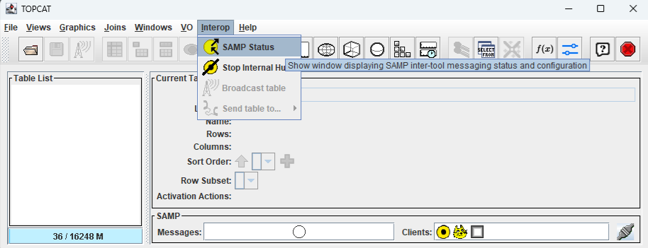 A screenshot of the TOPCAT window with Interop menu selected.