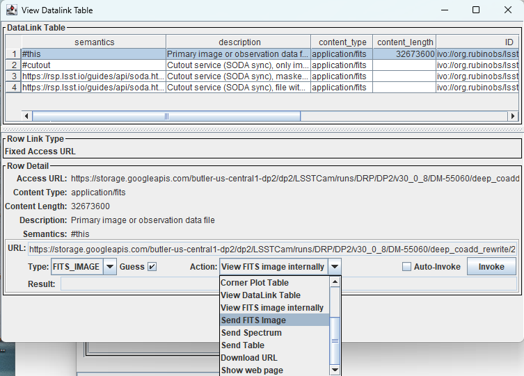 Use the Action dropdown menu and select Send FITS Image.