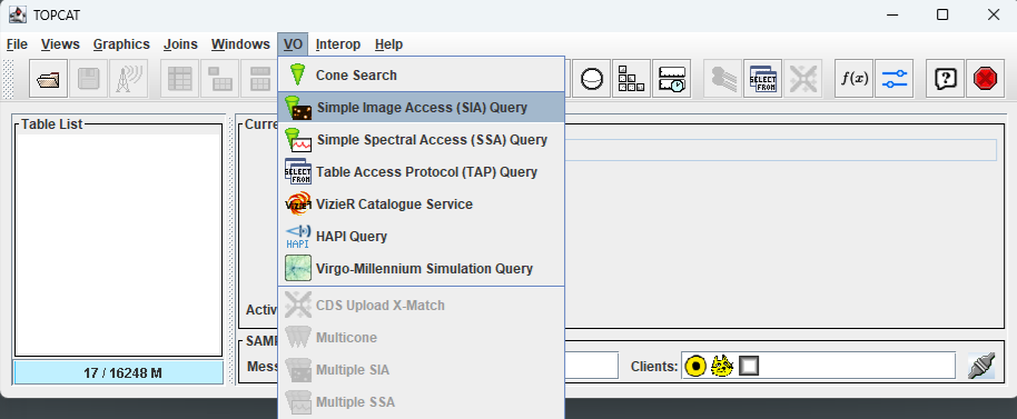 A screenshot of TOPCAT, VO, Simple Image Access (SIA) Query selection.