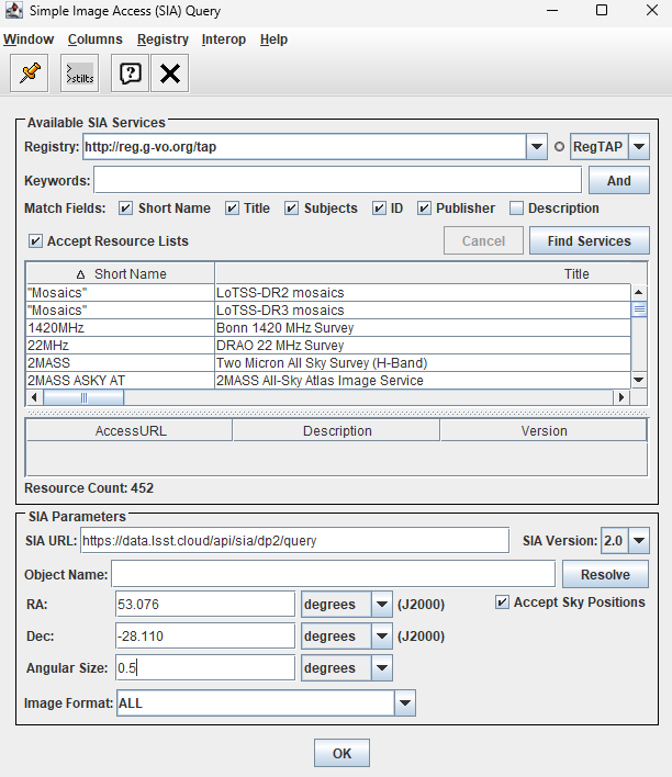 A screenshot of SIA Parameters.