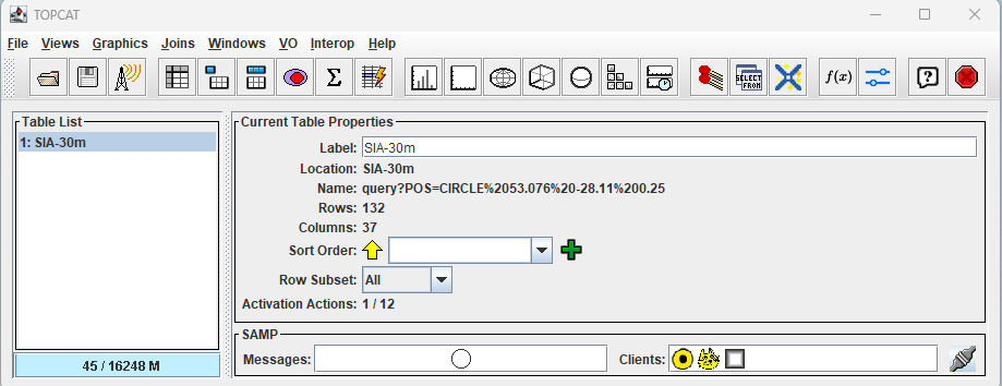Main TOPCAT window with data table loaded.