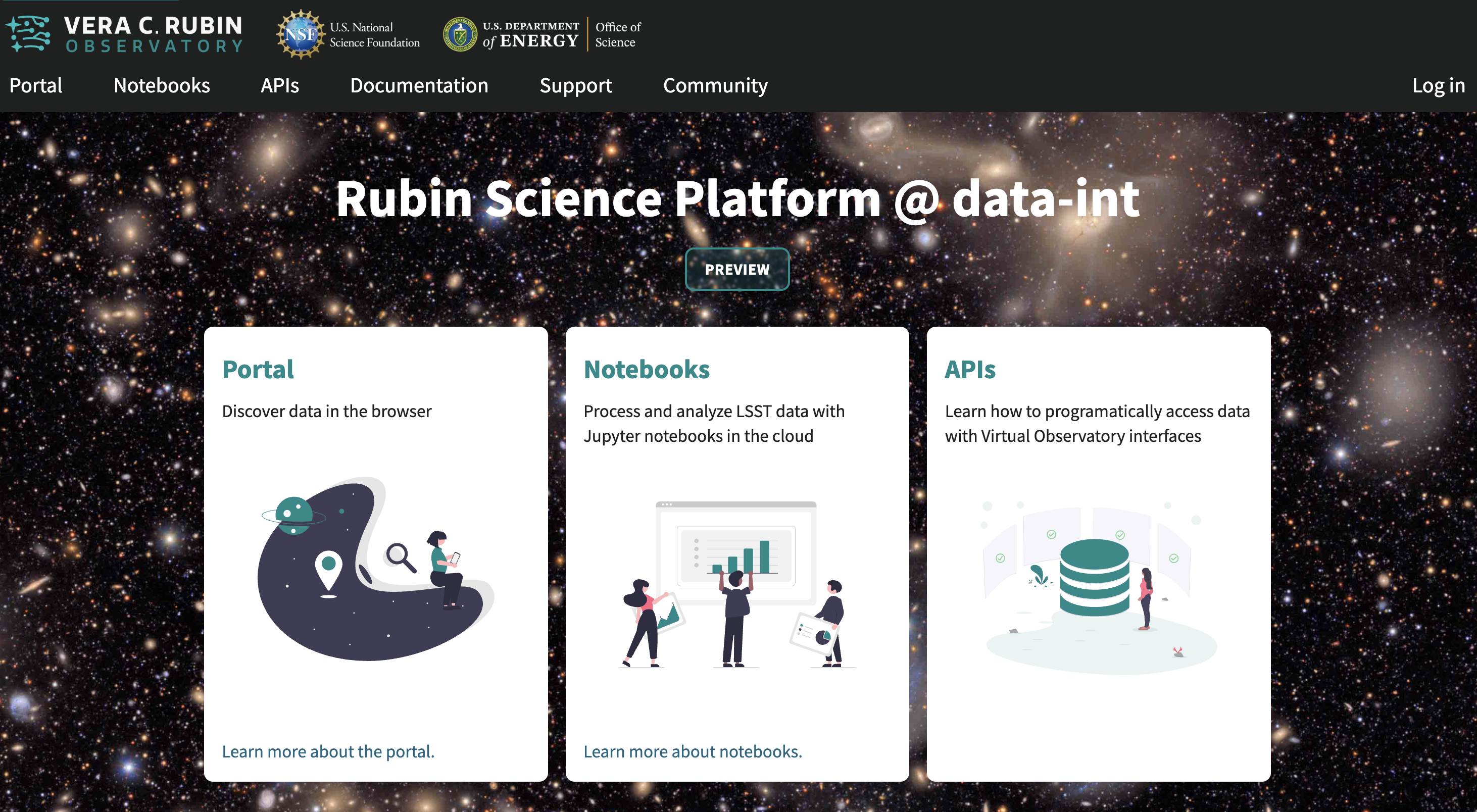 The main landing page of the Rubin Science Platform, showing log in at upper right and three panels, one for each aspect: the Portal the Notebooks and the API.