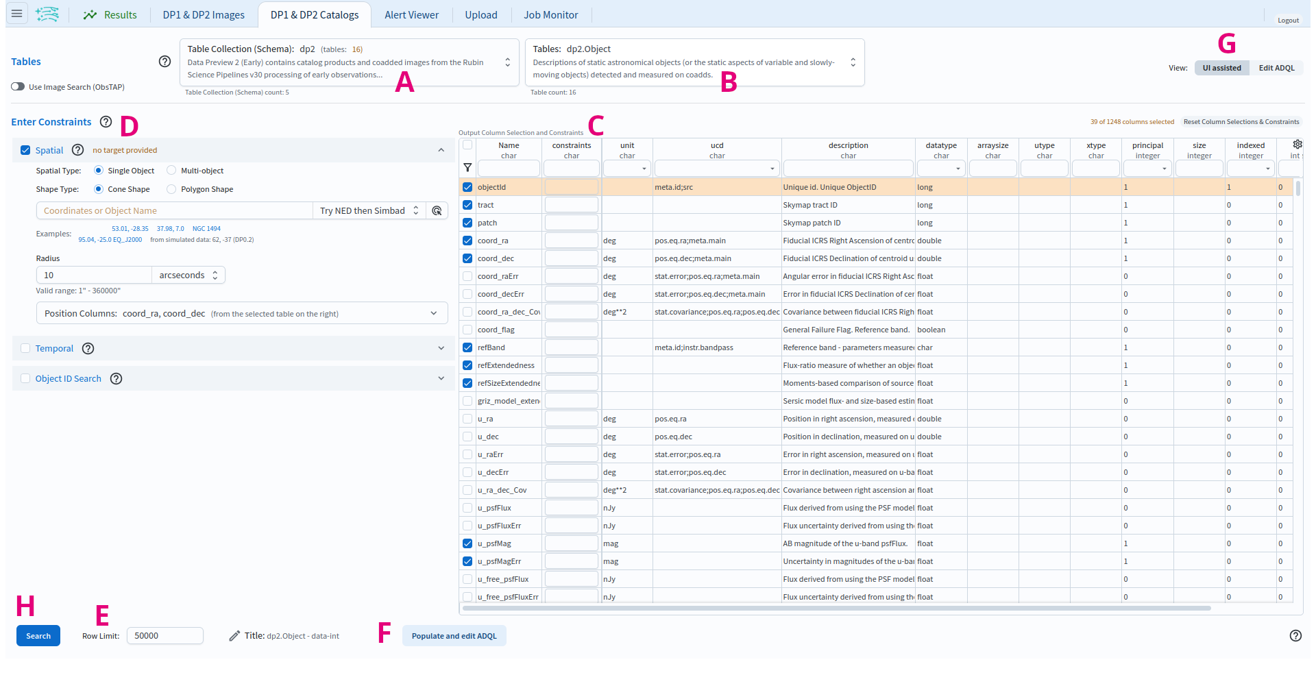 The graphical user interface for the Portal, offering drop-down menus to select catalogs and tables, entry fields for temporal and spatial constraints, and an interactive view of the selected table schema.