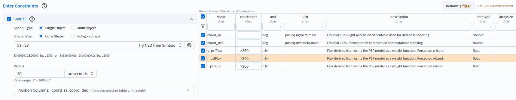 The schema interface table, showing columns selected to include in the results and a constraint placed on a column value.