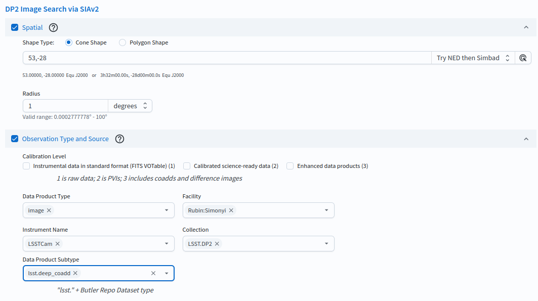 The SIAv2 search interface with the Spatial and Observation Type and Source constraints set for a DP2 deep coadd query.