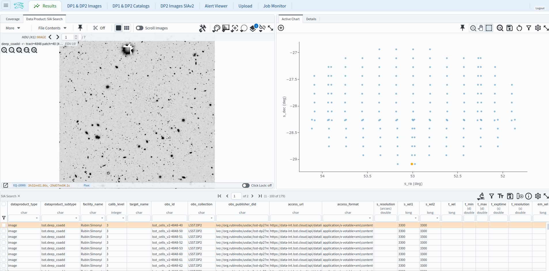 The image results interface, showing the returned deep coadd images in a table, their positions on a coverage chart, and an image preview.