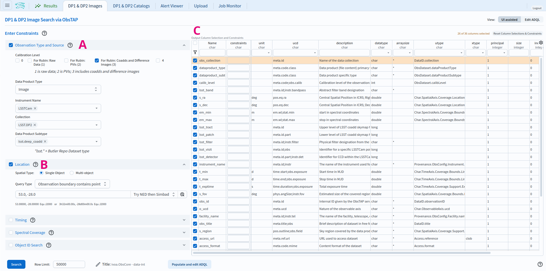 The graphical user interface for querying images with ObsTAP, with expandable constraint panels and the ivoa.ObsCore table.