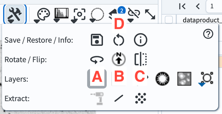 The buttons in the Tools drop down menu, including labeled buttons for image rotation, setting North to be up, flipping the image in the X direction, and restoring the display defaults.