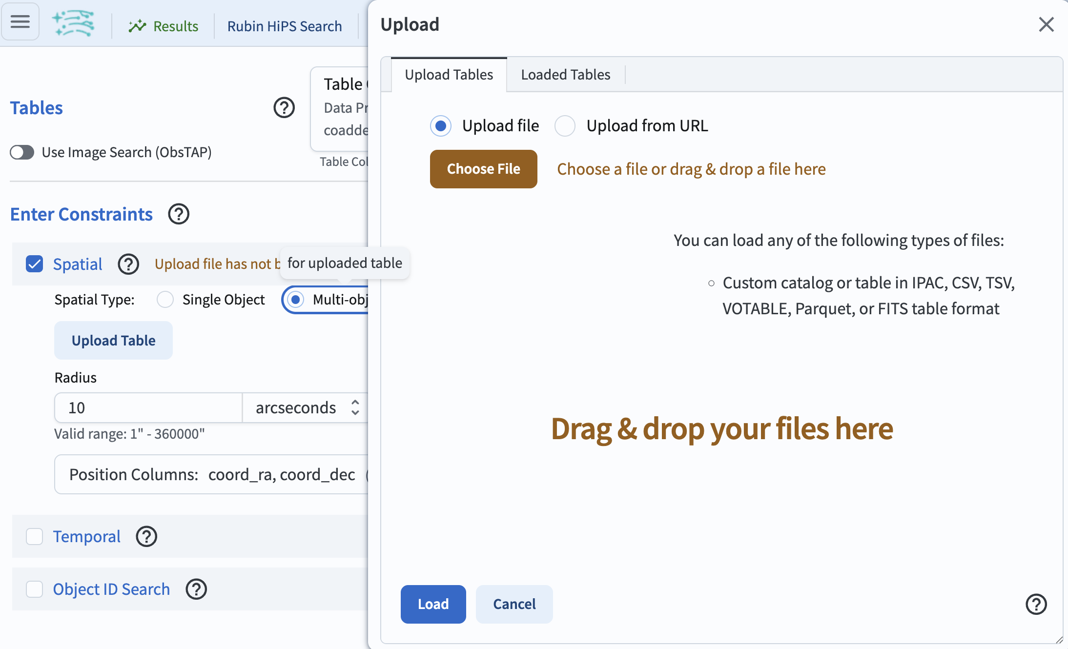 The interface to upload a table.