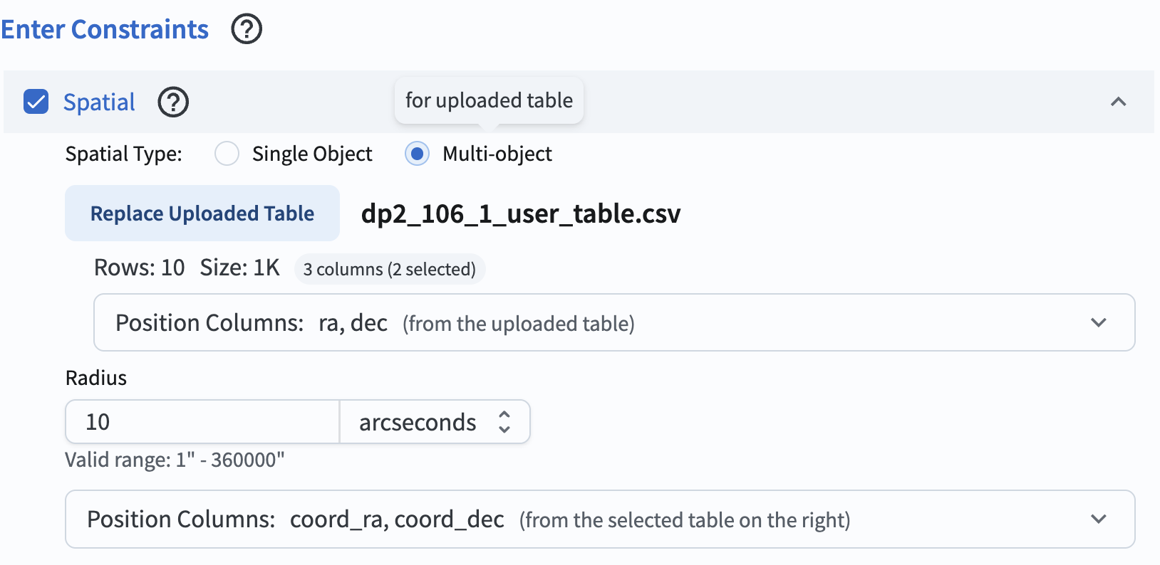 The user interface after a successful table upload, displaying the file name, number of rows, and file size.