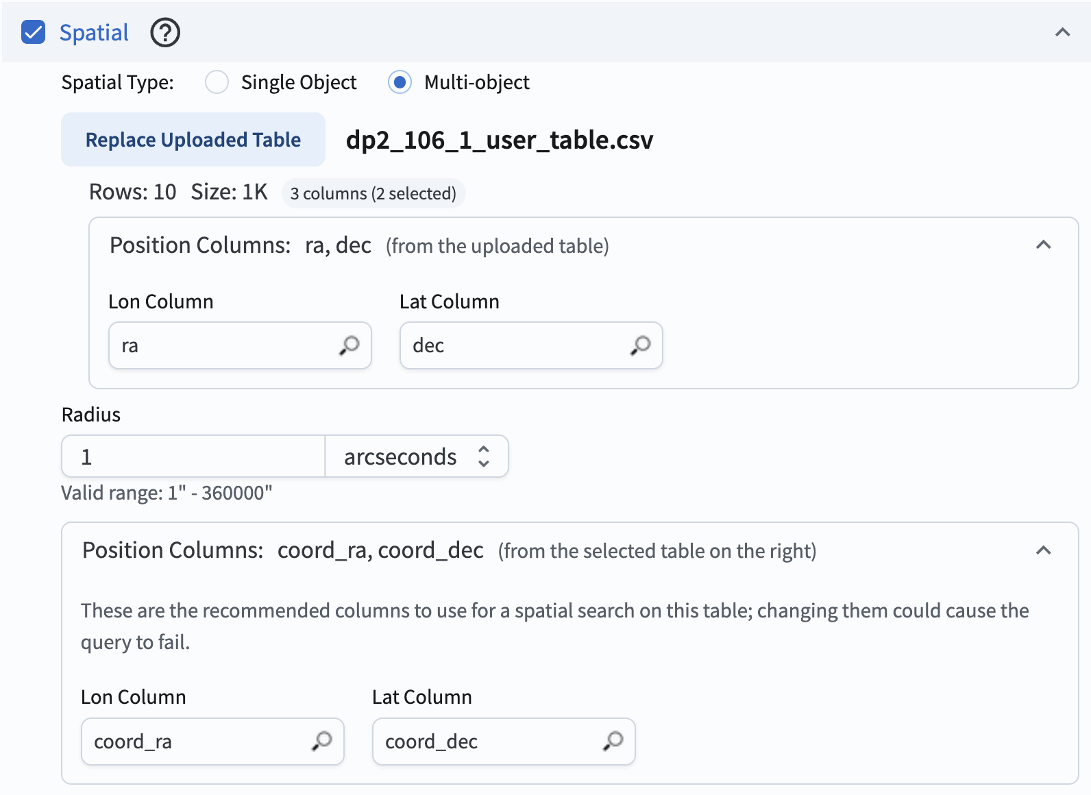 The user interface to enter spatial constraints, showing drop-down menus to enter column names.
