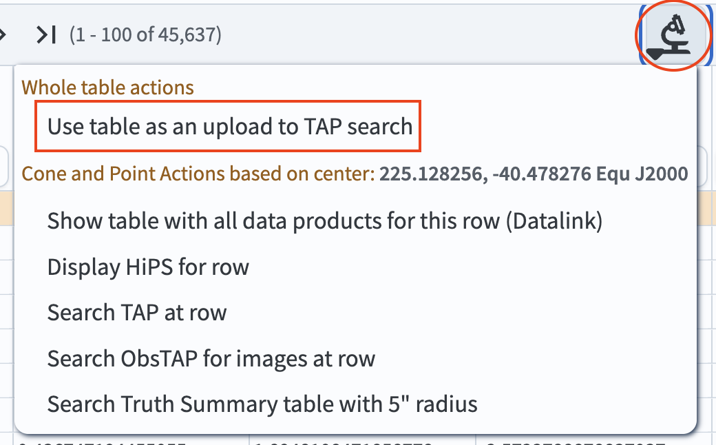 A screenshot showing available action items when clicking the "Actions" icon.