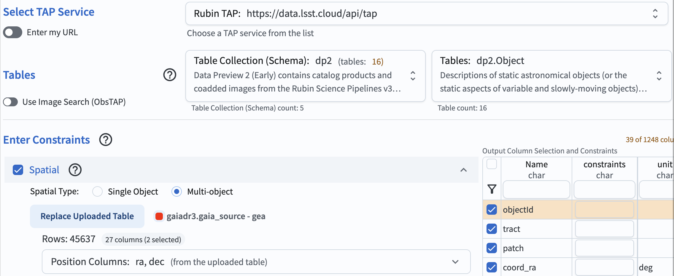 A screenshot showing the expected interface after successfully uploading a custom table and switching to the Rubin TAP service.