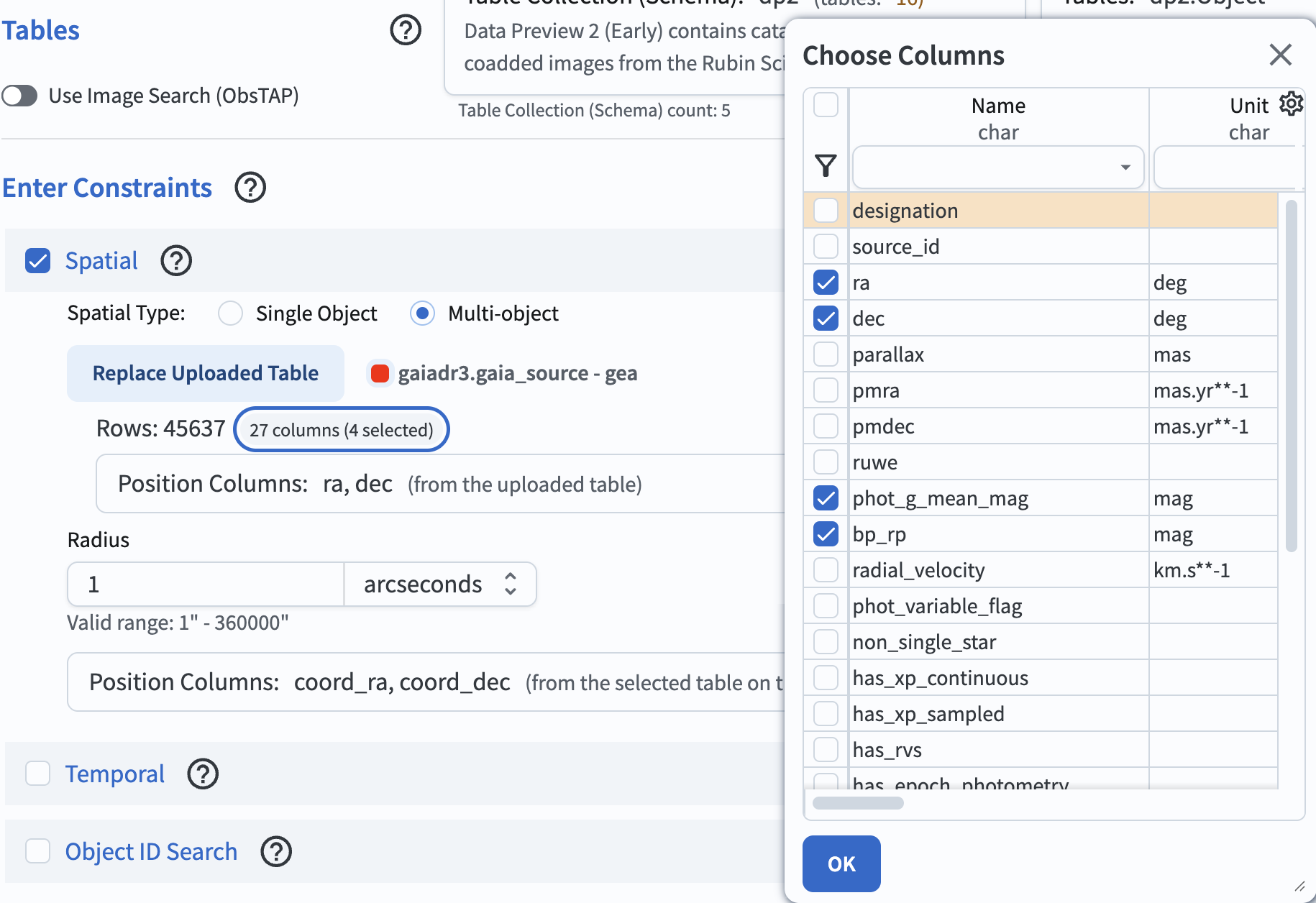 A screenshot showing the Portal search interface fully configured prior to execution. The spatial cross-match parameters, the 1-arcsecond search radius, and the additional output columns from the uploaded Gaia table are properly set.