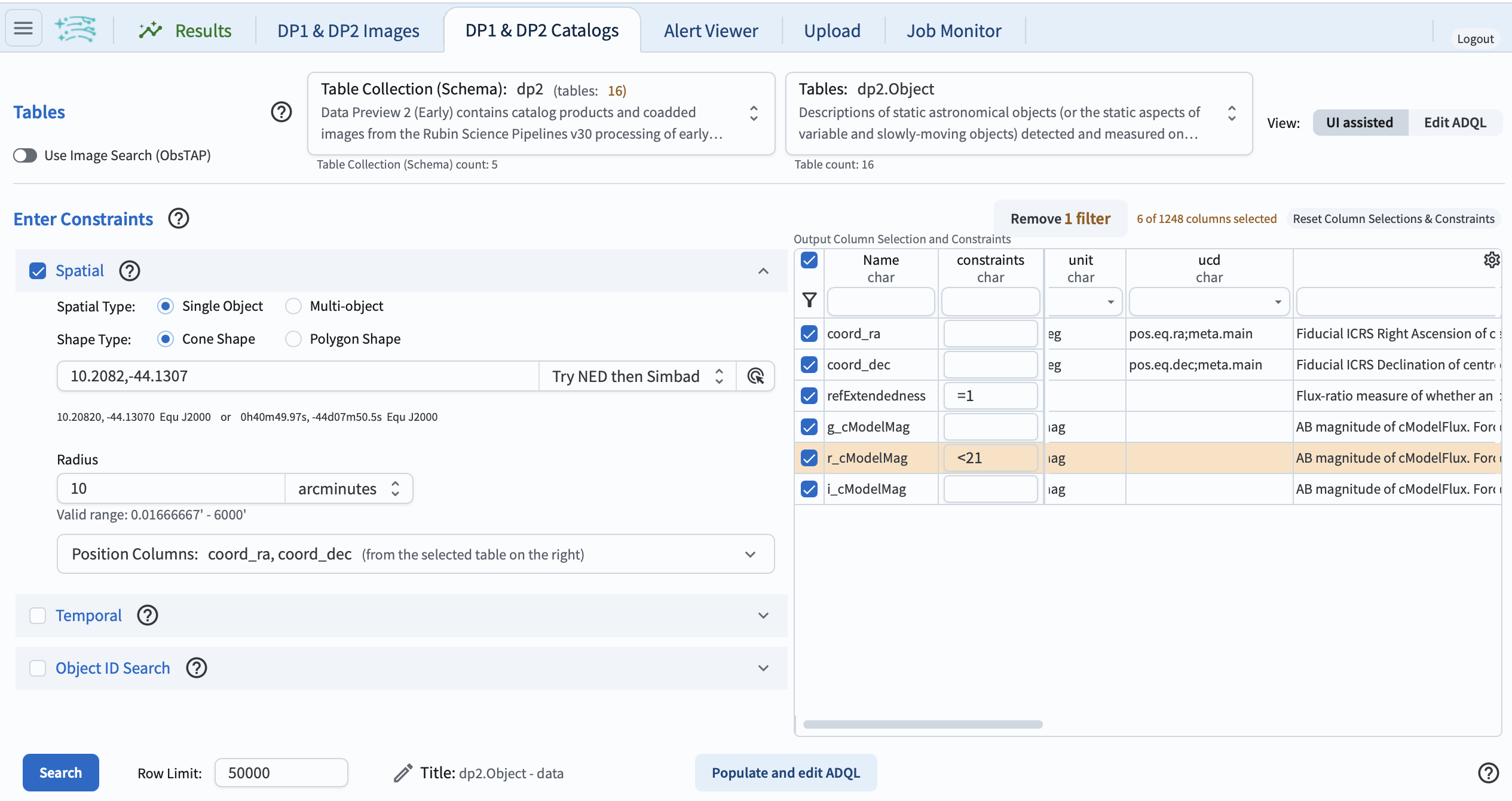 The schema interface table with the selected columns and constraints.