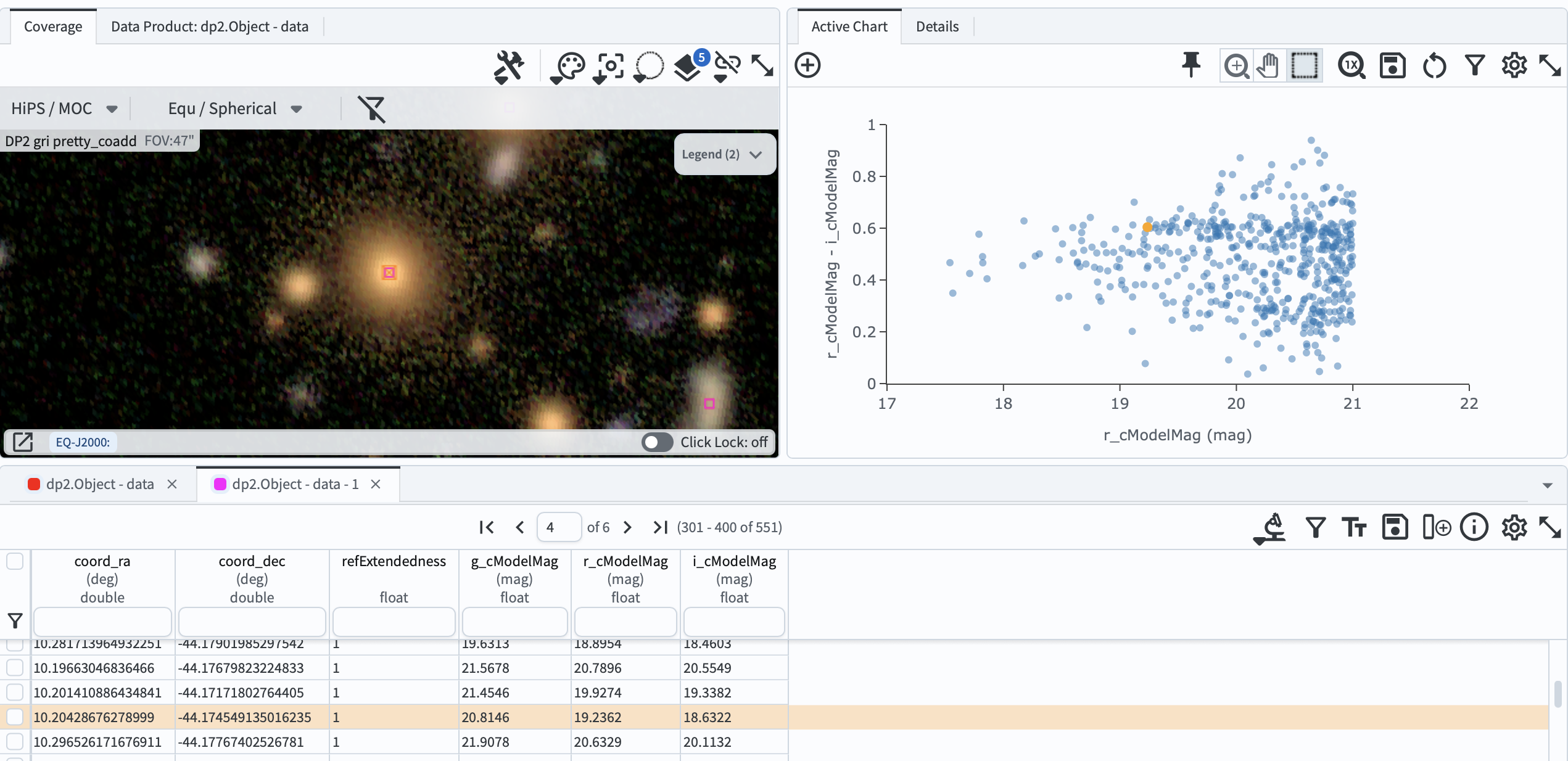 The results interface with a red-sequence galaxy selected and shown in the coverage map.